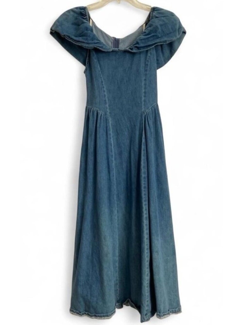 A.ONI Blue Denim Maxi Dress Cold Shoulder Tie Waist Ruffle Collar Size M